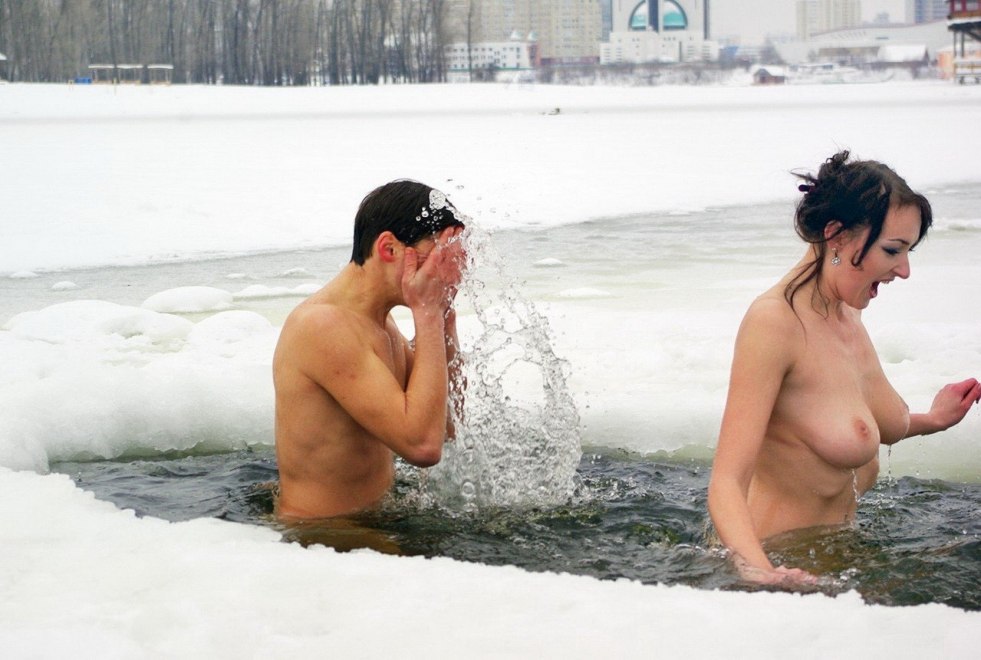 Bare girls bathe in the hole