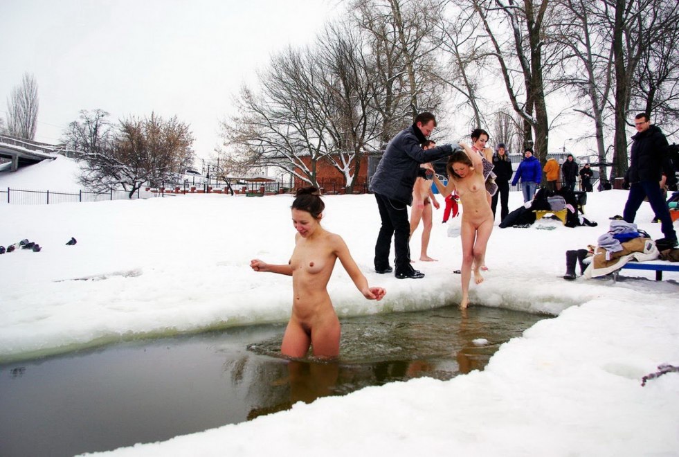 Bare girls bathe in the hole