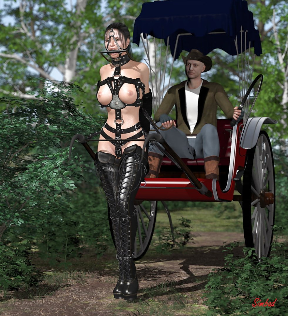 Naked women harnessed to carts