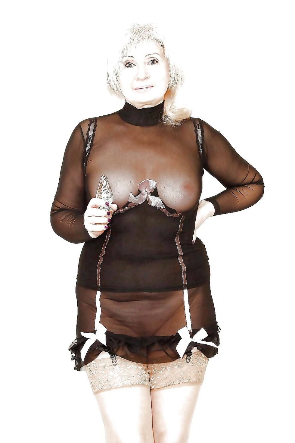 Naked elderly women in transparent clothes