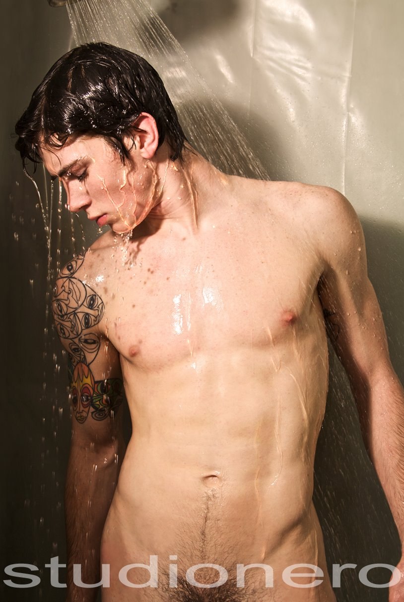 A naked guy lies on his back