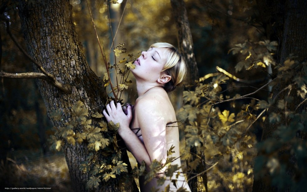 Photoshoot of a naked blonde in the forest