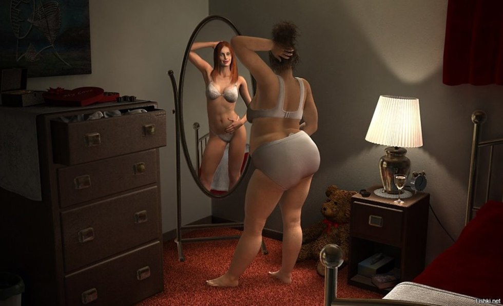 Fat woman in front of the mirror